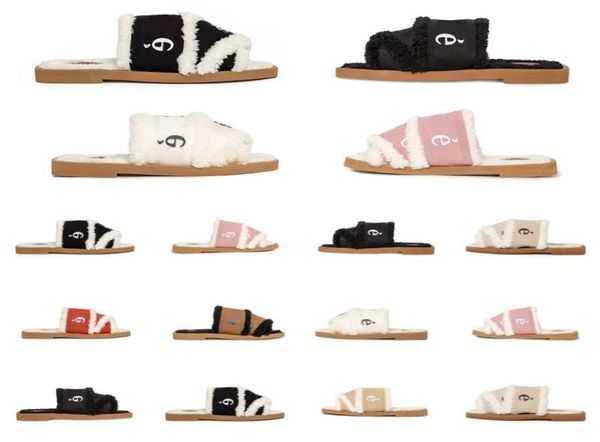

winter designer women slippers flat slides woody sandals print flats mules furry black white pink slipper wool slide shoes size 346612973