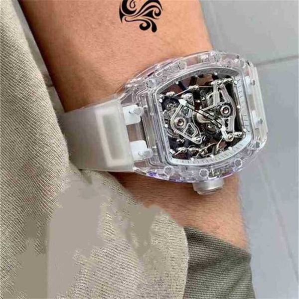 

fashion mechanics watch richas luxurys trend rm056 mens fully automatic mechanical mill r watch hollow tourbillon snow glass tape male, Slivery;black