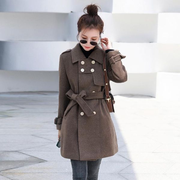 

fur 2022 autumn and winter women's new midlength belt waist doublebreasted slim fit and thin temperament polo lapel woolen coat, Black