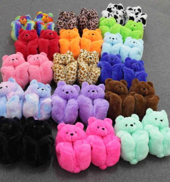 

teddy bear women christmas plush slippers cartoon cute bear house slipper furry faux fur slides woman furry flip flop shoes g02101303558, Black