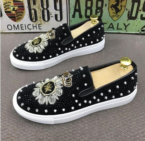 

promotion new spring brand new fashion mens punk studded rivet spike suede pointy loafers red black casual dress shoes7497574