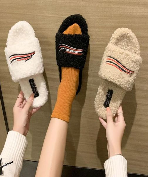 

women ladys girls furry slide slipper spring and autumn wool white logo embroidery fashion comfortable barefoot wear f7583897, Black