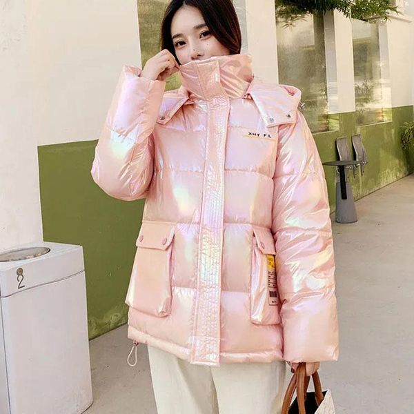 

leather new washglossy down cotton jacket women's autumn winter warm quilted jackets hooded parka outerwear female cotton clothing, Black