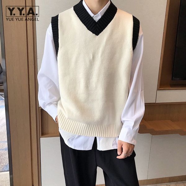 

men's vests mixed colors loose casual knitted vest men korean preppy style v neck pullovers sleeveless jacket fashion mens waistcoat 2, Black;white