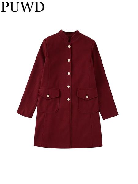 

fur puwd women red buttons suit collar slim coat 2022 fall/winter ladies medium length coat retro elegant loose female thick outwear, Black
