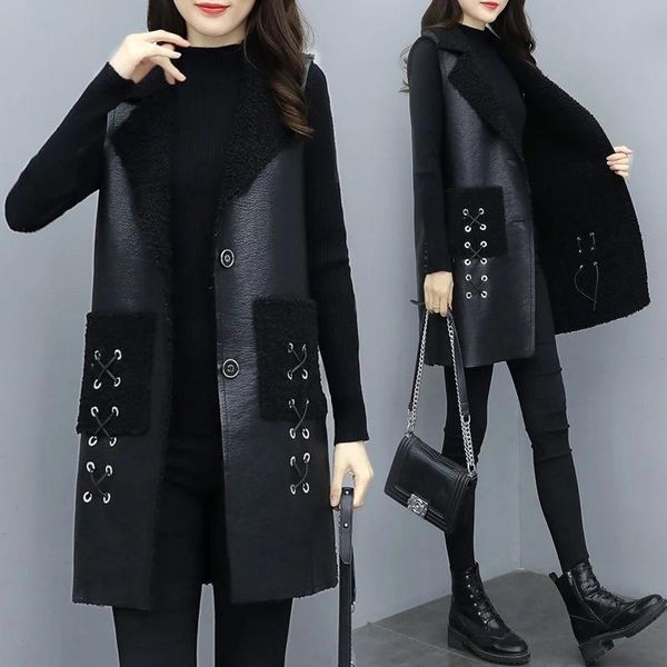 

vests autumn winter women lamb wool splice leather vest jacket new korean fashion sleeveless jacket waistcoat female outerwear coats, Black;white