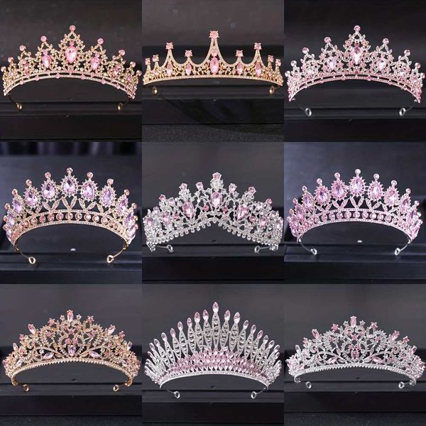 

wedding hair jewelry pink crystal tiaras and crowns for women bride pink rhinestone prom diadem crown tiara bridal wedding hair accessories, Slivery;golden