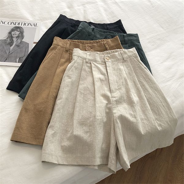 

women's shorts limiguyue breathable cotton linen shorts japanese retro high waist wide leg bermuda shorts suit casual summer woman loos, White;black