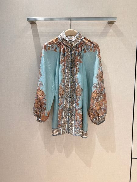 

women's blouses & shirts australian designer designed a small high neck lantern sleeve shirt with a mint green paisley pattern in 2023, White