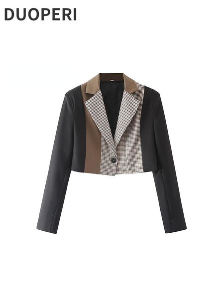 

pants duoperi women fashion patchwork cropped blazers vintage long sleeves notched neck single button female office lady outfits, White