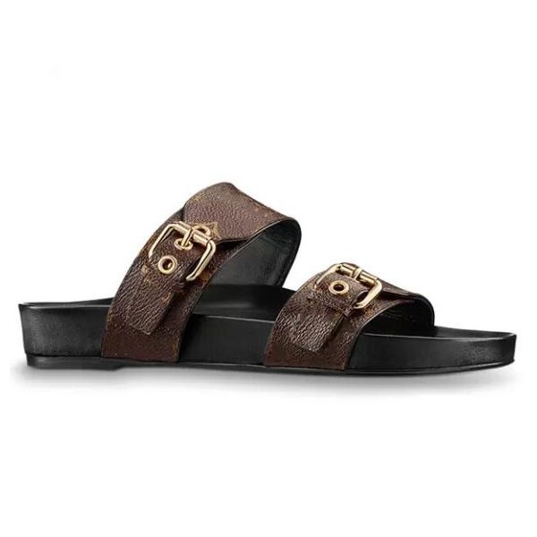

designer leather slippers womens sandals bom dia flat mule 1a3r5m cool effortlessly stylish slides 2 straps with adjusted gold buckles women, Black