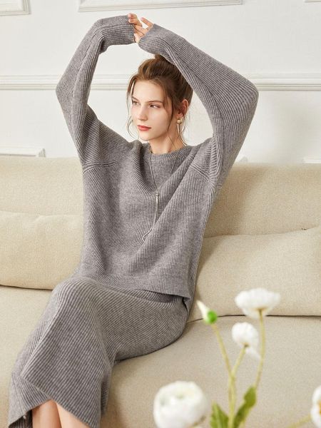 

pants 2022 2 pieces set o neck lazy oversize sweater suit skirts women casual loose sweater + straight skirt female knitted set, White