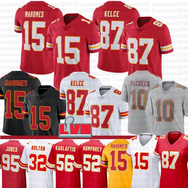 

15 patrick mahomes 87 travis kelce football jersey isaih pacheco kansases city chiefes nick bolton chris jones kadarius toney creed humphrey, Black;red