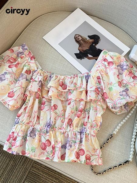

t-shirt circyy women blouse french sweet cute short sleeve shirts square collar 2022 folds ruffled summer girl casual short new, White