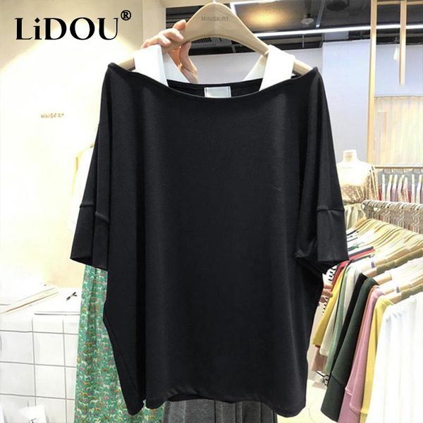 

womens tshirt korean style summer oversize clothing round neck off shoulder hollow out sling fake two pieces women loose tshirt 230420, White