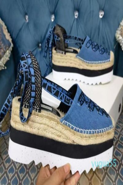 

gaia platform espadrilles stella mccartney sandals 8cm increasing fashion wedge denim summer shoes 77605848860, Black