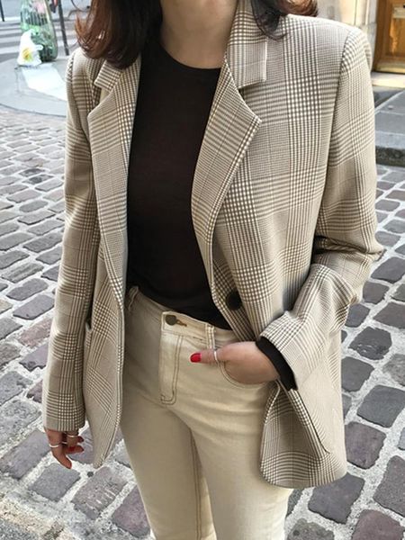 

pants vintage stylish houndstooth office ladies blazers coat women notched collar long sleeve blazer female singlebreasted outerwear, White