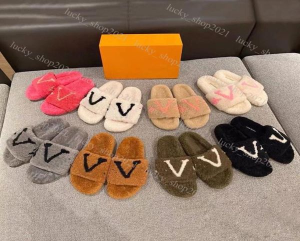 

2022 designers winter luxurys women wool slippers fur fluffy furry warm letters sandals comfortable logo embroidery flip flop size9379403, Black