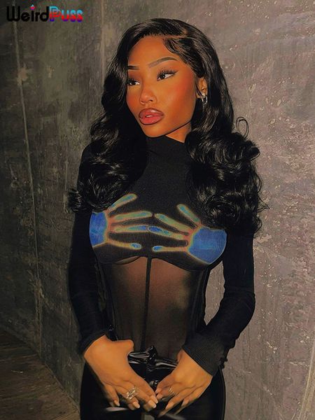 

women s jumpsuits rompers weird puss mesh handprint bodysuit women patchwork turtleneck long sleeve stretch skinny midnight party see throug, Black;white