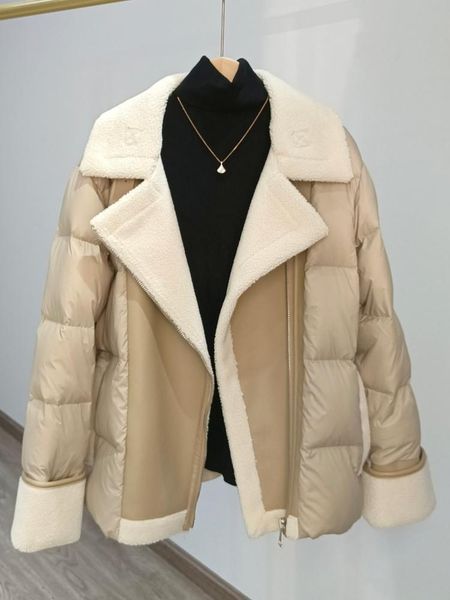 

parkas ftlzz new winter motorcycle jacket women high street faux lamb leather patchwork white duck down coat lady thick warm pu outwear, Black
