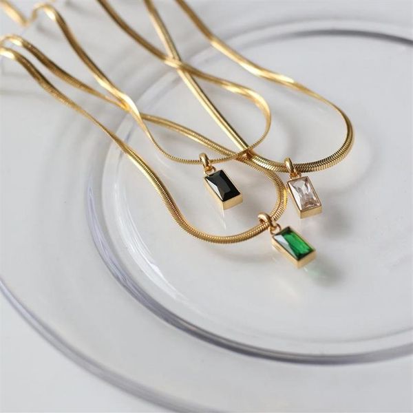 

pendant necklaces gold plated stainless steel snake chain square zircon emerald black bone choker necklace for women gift neck jew228y, Silver