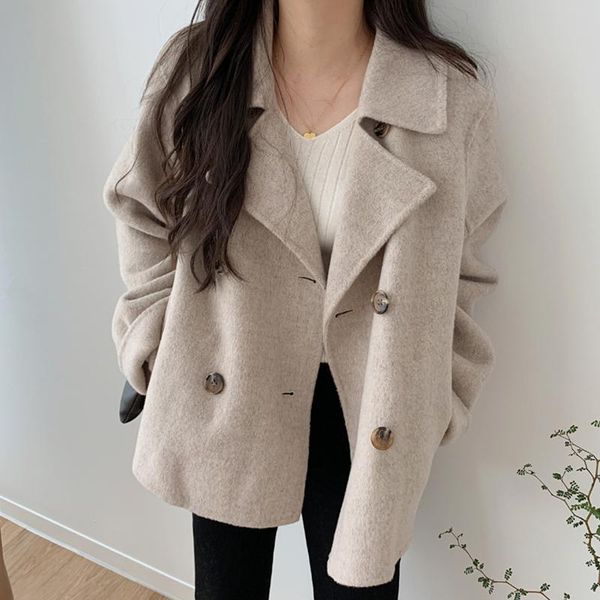 

fur temperament double breasted loose casual allmatch long sleeve warm woolen coat wool blends coats jackets quilted coats, Black
