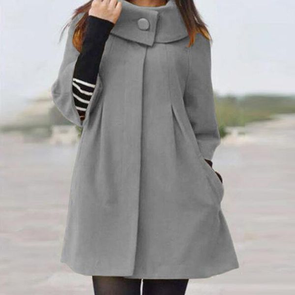 

fur 2022 autumn winter solid wool cardigan women casual high neck button long outerwear fashion half sleeve pocket jacket coats, Black