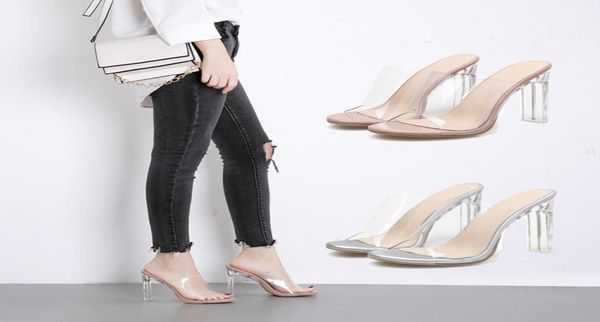 

women sandals transparent 12cm chunky high heel pumps shoes luxury fashion perspex ladies female slides mules pvc peep toe fo4574922, Black