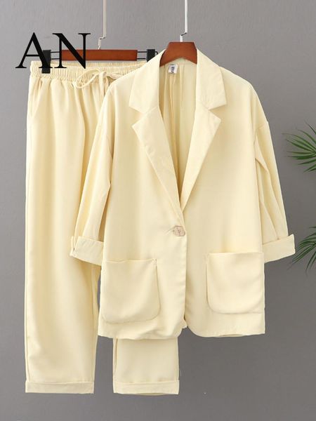 

pants women's loose seven point sleeve spring and summer suit slim fit thin suit coat with twopiece nine point pants linen set women, White
