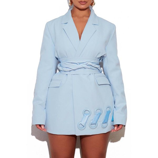 

pants superaen 2022 coats autumn winter new sky blue corns belt design notched solid full casual jacket women, White