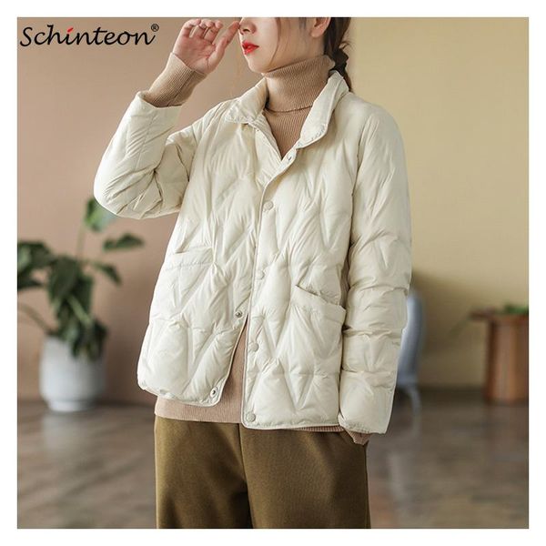 

parkas schinteon women ultralight white duck down jacket argyle stand collar autumn winter outwear simple korean style new, Black