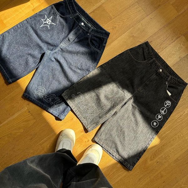 

men's shorts harajuku punk rock gym summer fashion casual y2k hip hop denim vintage loose knee length pants men clothing 230419, White;black