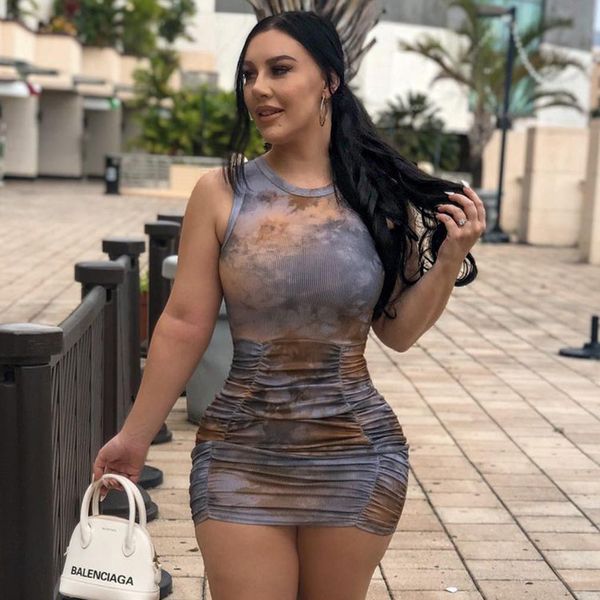 

women mini dress tie dye dresses printed round neck sleeveless pleated hip vest shirring vacation outifit casual, Black;gray