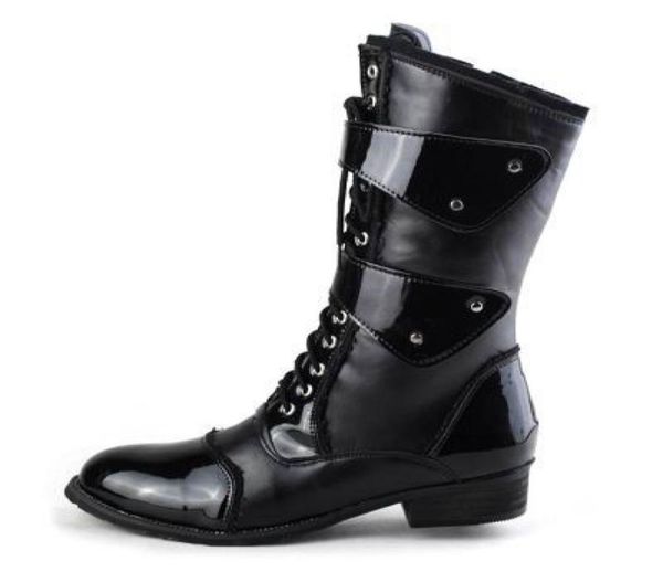 

new design fashion tide mid half boots for men lace up with buckle motorcycle boot man dressing up pu leather cowboy martin boot s9705589, Black