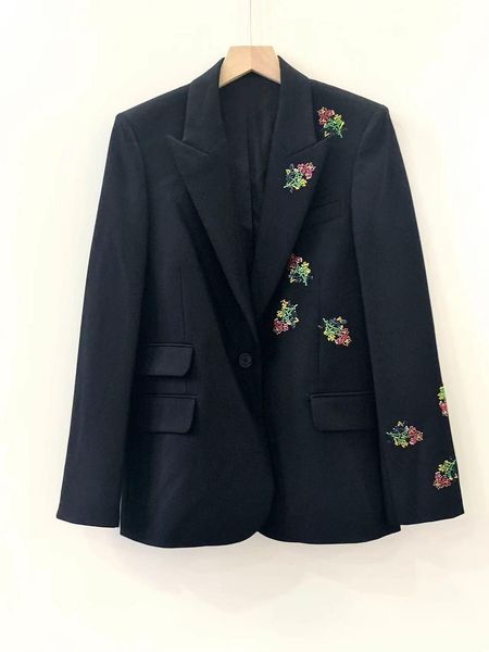 

pants women blazer 2022 autumn winter women black single button blazer floral rhinestones longsleeved office lady coat, White