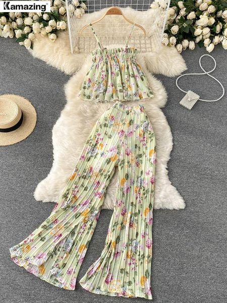 

pants women summer maxi print pants suits new sleeveless strap female casual chiffon two pieces sets beach clothes, White