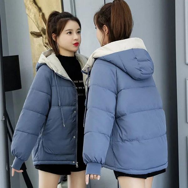 

leather 2022 new women winter hooded parkas coat cotton padded snow jackets thicken warm outwear loose short female casual basic coat, Black