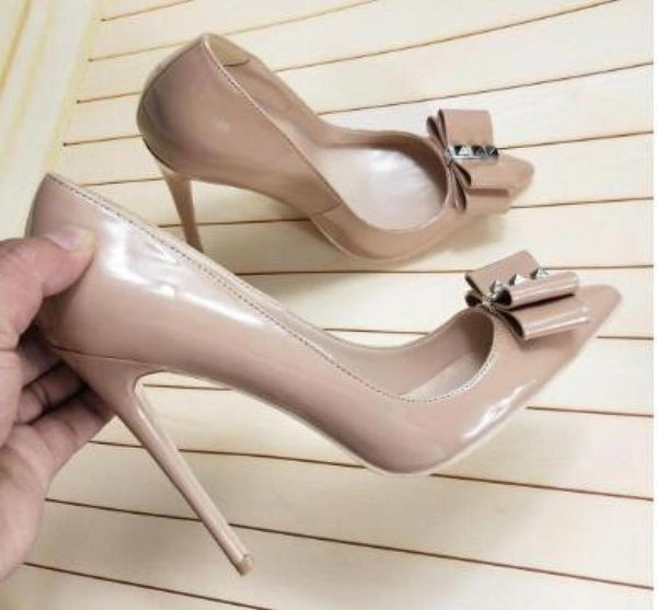 

fashion women pumps nude patent leather bow point toe high heels shoes stiletto heeled pumps real po brand new 128758415, Black
