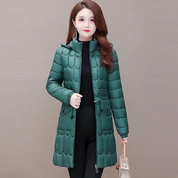 

leather fdfklak 2022 winter new padded jacket midlong plus size hooded women slim cotton coat down quilted parkas manteau femme xl6xl, Black
