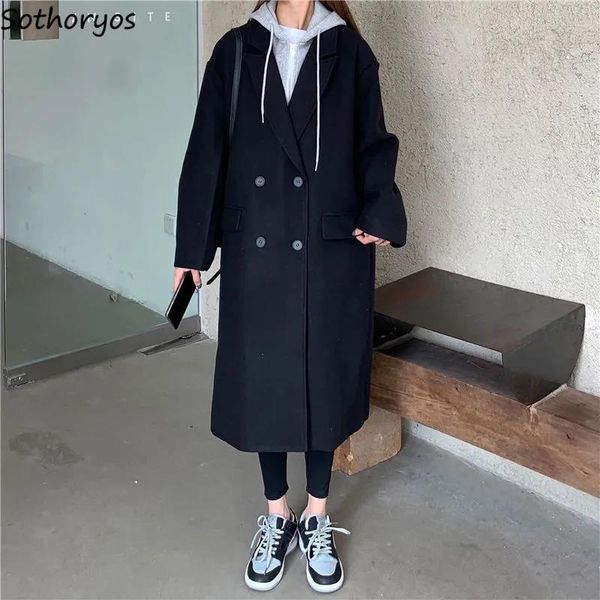 

fur winter women wool blends black patchwork fake two pieces stylish m3xl hooded straight overcoat female preppy simple warm coat