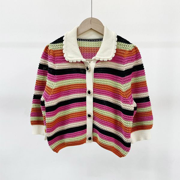 

women's knits & tees lace sleeve double-breasted colorful hook flower button horizontal strip black and white color matching ragged air