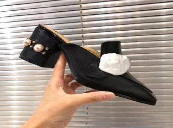 

classic women slippers soft cowhide metal heeled woman shoe beach lazy slippers pearl cartoon slippers large size us511 425037053, Black