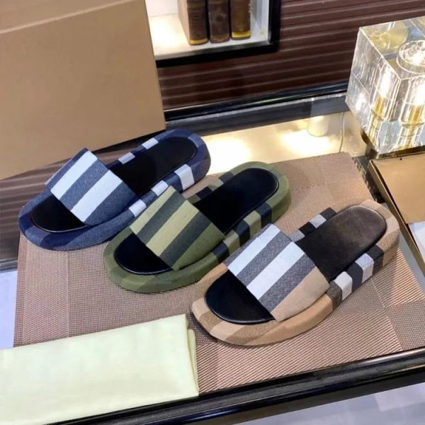 

vintage check slippers women designer shoes slides brand bur plaid stripe cotton slider slip mules color block cotton hemp fashion flat summ, Black