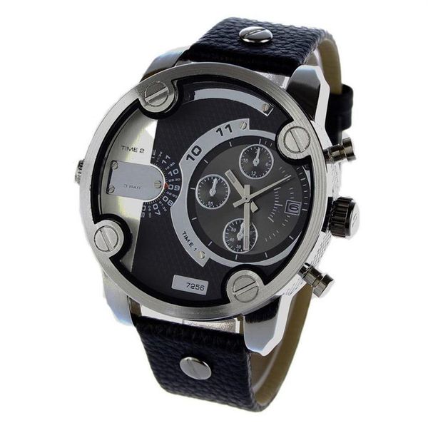 

fashion brand 7256 men's big case mutiple dials date calendar display leather strap quartz men's wrist watch173s, Slivery;brown