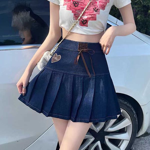 

s houzhou japanese fashion denim pleated women kaii cute high waist lace up heart embroidered jeans mini skirt soft girl aa230420, Black