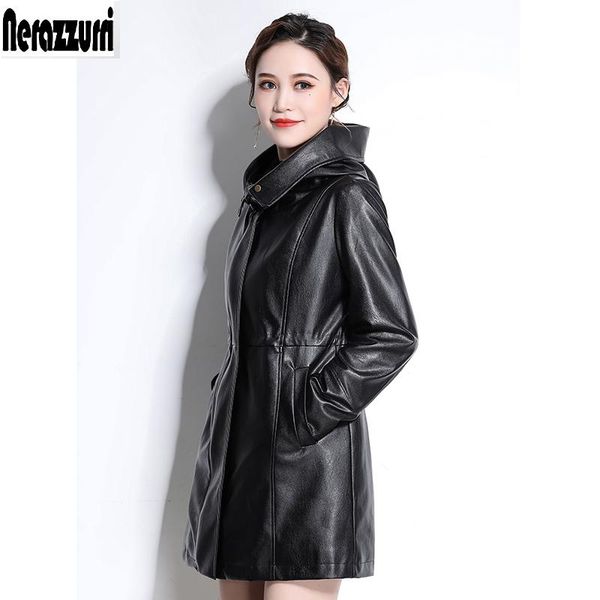 

jackets nerazzurri autumn black soft faux leather jackets women with hood zipper drawstring long sleeve waterproof leather windbreaker, Black;brown