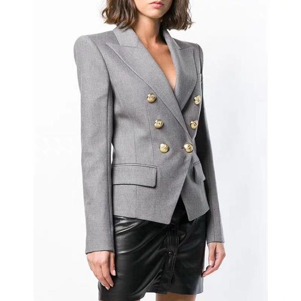 

pants gray women's blazer jacket office lady gold double breasted buckle slim runway outwear coat blazer women autumn, White