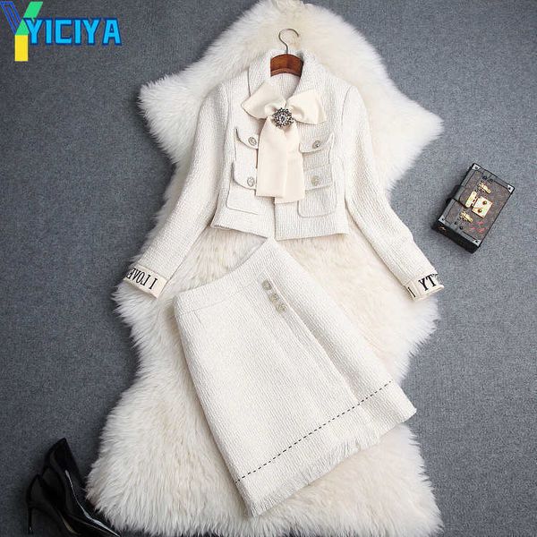 

yiciya european and american women's 2023 winter clothing new bowknot long sleeve coat and fashion skirt tweed suit female clothing, White