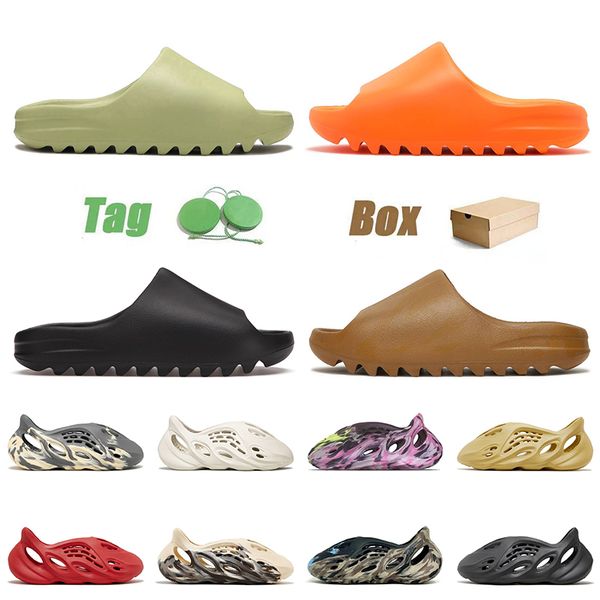 

with box men women beach shoes foam runners slides designer sandals mx carbon slipper ochre slide desert sand resin pantoufle foamrunners fo, White;red