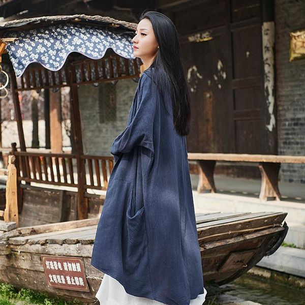

raincoats johnature new style national style coat cotton linen women trench 2021 spring casual solid women vintage trench, Black